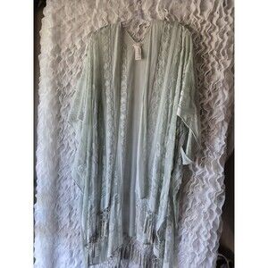 Free People Sage Green Embroidered Fringe Kimono